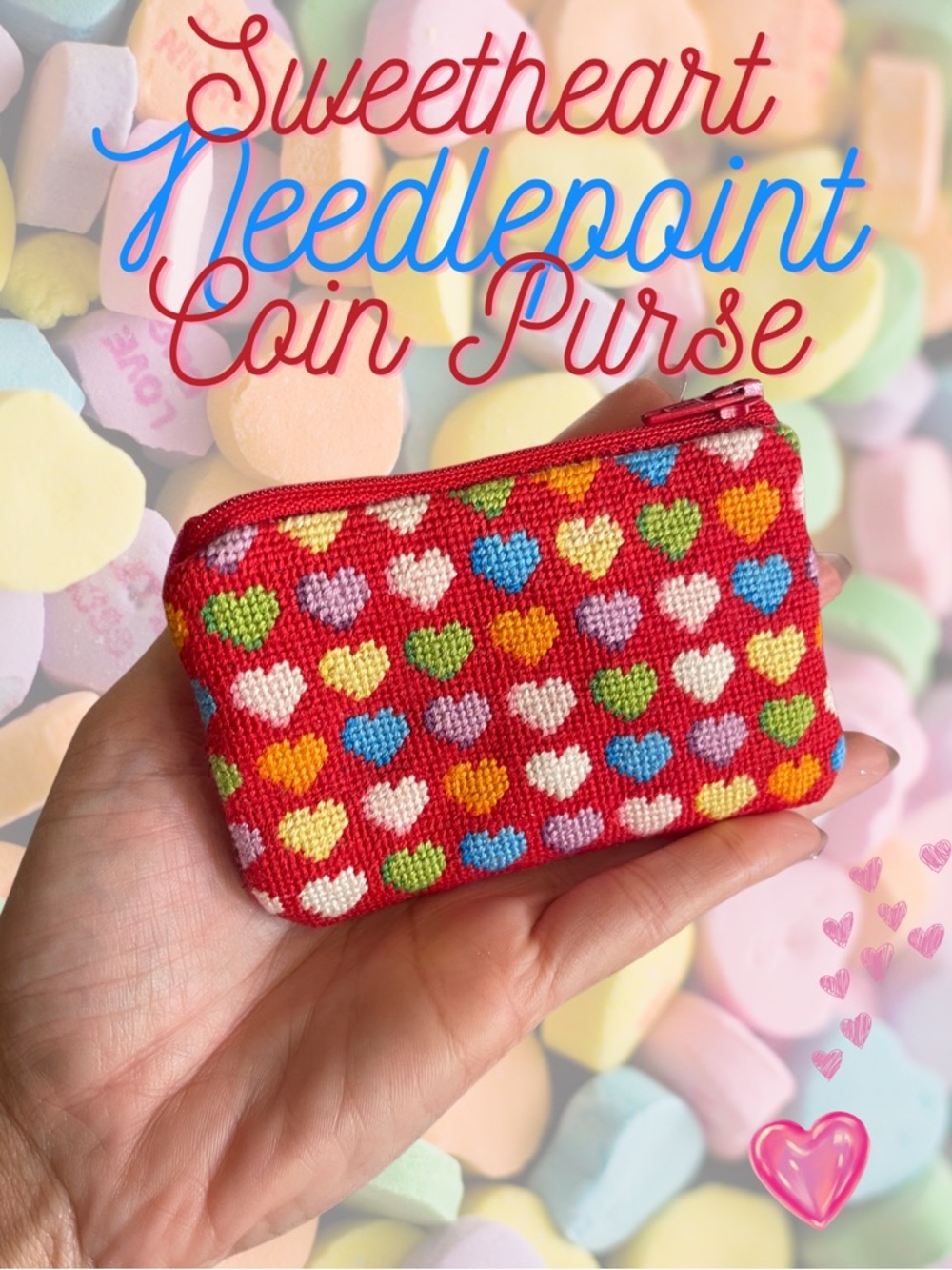Handmade Needlepoint Heart Coin Purse Card Case Wallet Red Pink Ivory